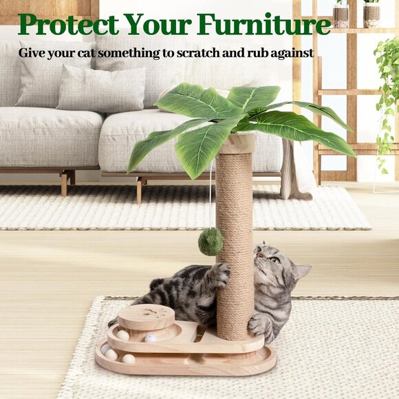 New 17.7in Cat Scratching Post with Track Base, Balls & Dangling Toy for Cats - Picture 3 of 6